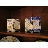 Pair of blue and white Oriental vases. { 9cm H }.