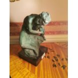 Bronze figure of A Thinking Man mounted on a marble base.{ 32cm H X 16cm W X 13cm D }.