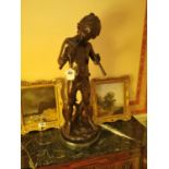 Bronze figure of a young boy blowing pipes on circular marble base. { 72cm H X 25cm Dia. }.