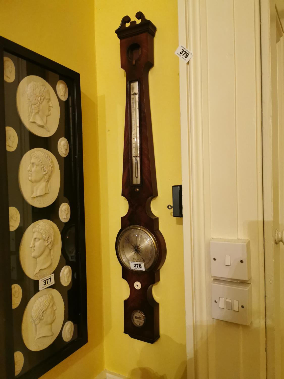 Irish Georgian mahogany banjo barometer Maker Mason Dublin. . { 94cm H X 15cm W }.