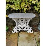 Pair of cast iron lotus design marble top tables. { 73cm H X 92cm W X 36cm D }.