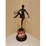 Bronze figure of a ballerina mounted on a marble plinth. { 49cmH X 22cm Dia. }.