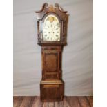 19th C. long cased oak and mahogany clock.