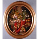 Dipinto ovale olio su tela raff. ''NATURA MORTA''. Inizi XX secolo. In cornice. Mis. Lung. cm. 58