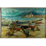 LUPO ALESSANDRO - Torino, 1876-1953. Dipinto olio su tela raff. ''BARCHE IN SECCA CON PESCATORI''.