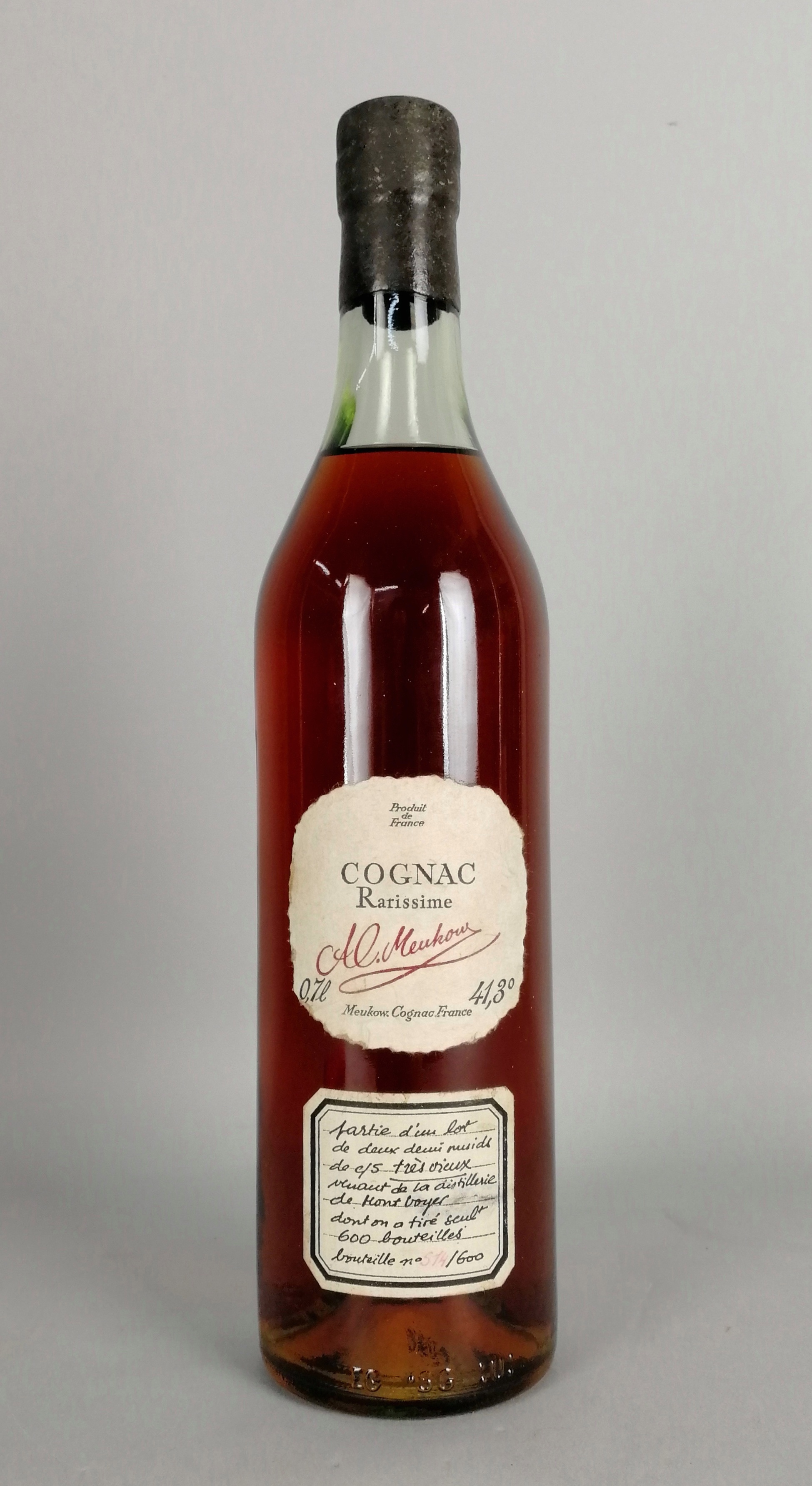 Cognac MEUKOW - Rarissime. 'Tres vieux'. Esemplare 514/600. Tappo sigillato in ceralacca. - Image 2 of 5