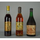 Tre Cognac VITI-OLERON: - Cognac DES ÍLES - NAPOLEON. 70 cl., 40% vol. Livello pieno. Alt. cm. 31