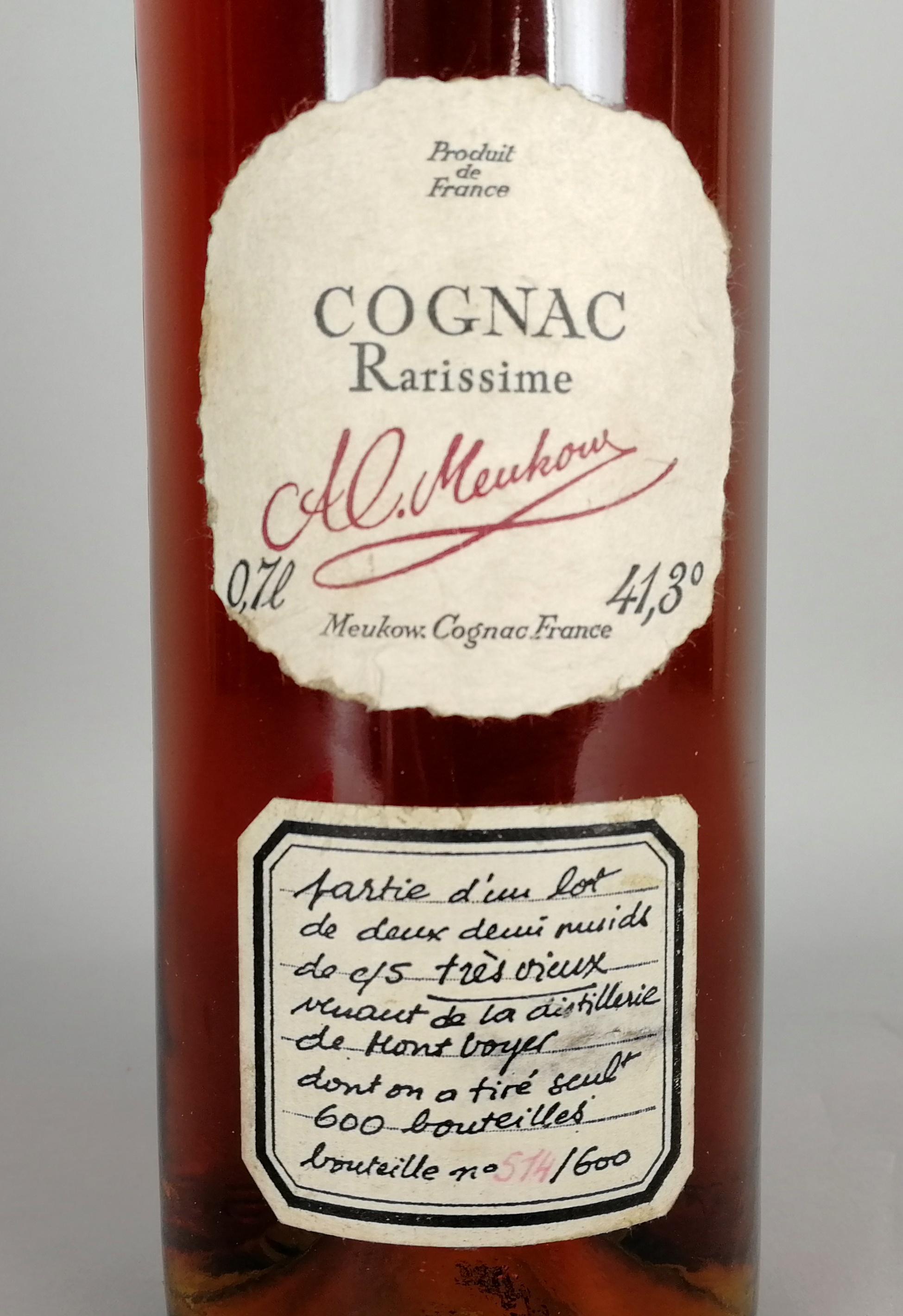 Cognac MEUKOW - Rarissime. 'Tres vieux'. Esemplare 514/600. Tappo sigillato in ceralacca. - Image 3 of 5