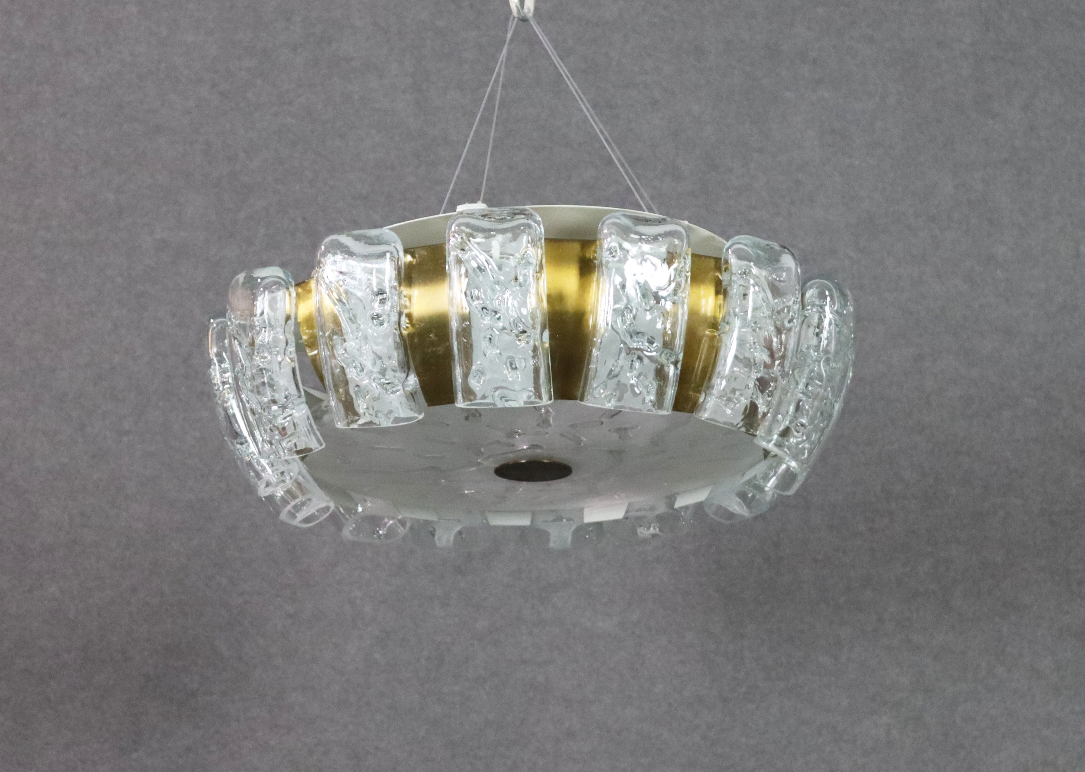 Brass, glass and painted iron ceiling lamp