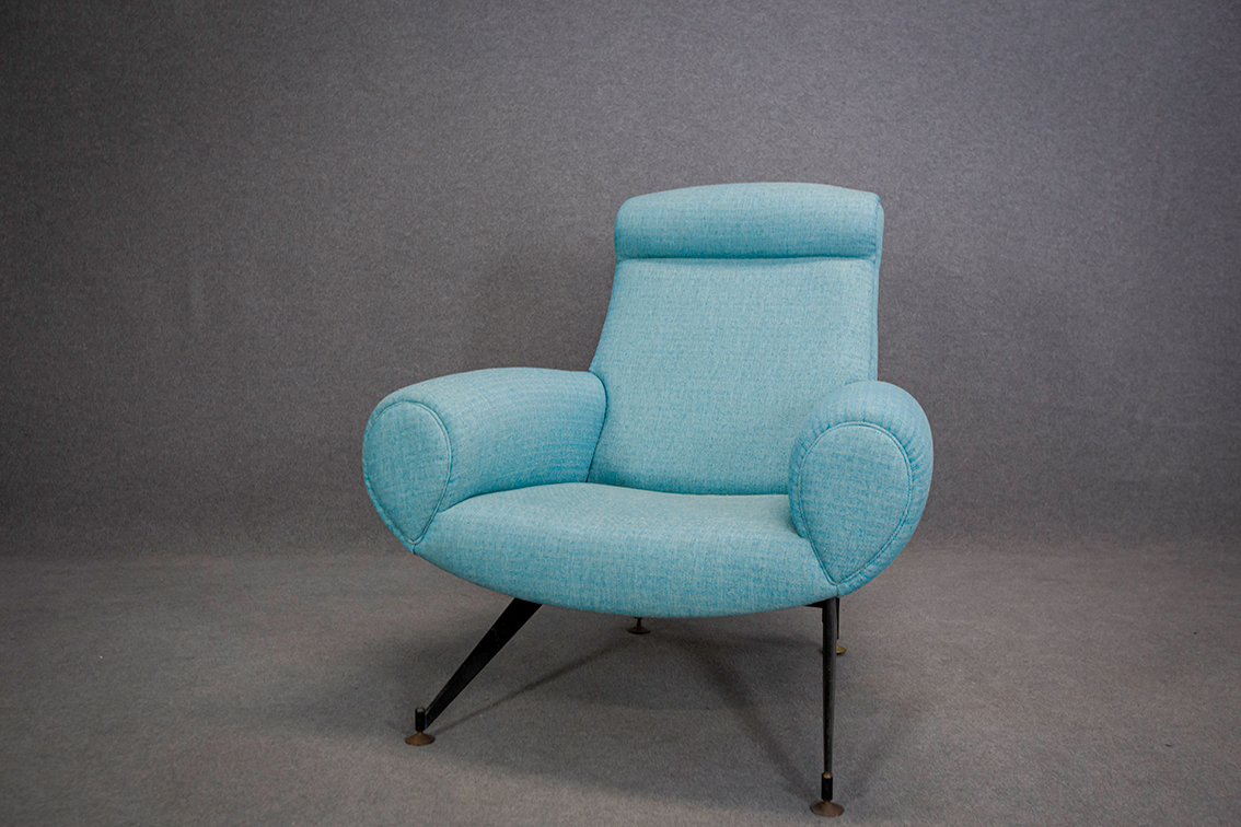 IMI armchair in iron, brass, wood and fabric