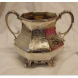 VICTORIAN SILVER PARCEL GILT OCTAGONAL ENGRAVED PANEL TWIN HANDLE SUCRIER ON SCROLL FEET - EXETER C.