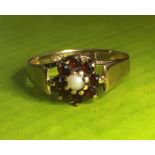 9CT GOLD SEED PEARL AND GARNET CLUSTER RING 1.