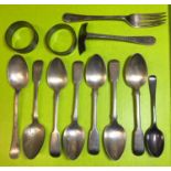 SET OF SIX GEORGIAN SILVER TEASPOONS, LONDON, PAIR OF SILVER NAPKIN RINGS, BIRMINGHAM,