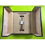 BOXED LONGINES QUARTZ WRIST WATCH ON 9CT BRACELET STRAP WITH CERTIFICATE OF AUTHENTICITY AND PAPERS