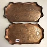 TWO ARTS AND CRAFTS COPPER OBLONG TRAYS,