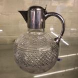 LONDON SILVER MOUNTED SQUAT GLOBULAR GLASS CLARET JUG HINGED LID WITH THUMB PIECE