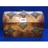 19TH CENTURY WALNUT AND BRASS STRAP WORK DOME TOPPED WRITING BOX WITH COMPARTMENTED INTERIOR (PIECE