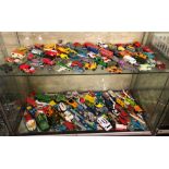 TWO SHELVES OF PLAYWORN DIECAST MODEL CARS, FARM VEHICLES,