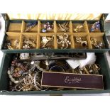 JEWELLERY BOX OF ASSORTED DRESS JEWELLERY, BROOCHES, BANGLES, CHAIN, BEADS, NECKLACES, CUFFLINKS,