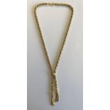 9CT GOLD ROPE TWIST CHAIN WITH TASSELS 48CM LONG, 30.