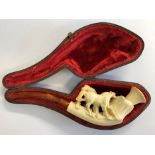 CASED MEERSCHAUM PIPE WITH CARVED BOWL OF WILD STALLIONS