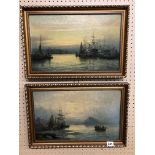 J THORNLEY - 19TH CENTURY ENGLISH SCHOOL OIL ON CANVAS SHIPPING AT HARBOUR SIGNED A PAIR 40 X 25CM