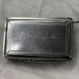 SILVER OBLONG SNUFF BOX WITH ENGINE TURNED DECORATION, HINGED LID ENGRAVED ALEX FAIRWEATHER,