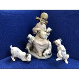 LLADRO FIGURE GROUP OF A GIRL WITH DALMATIAN PUPPIES AND TWO LLADRO DALMATIAN PUPPIES