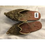 PAIR OF SILK AND GOLD THREAD SLIPPERS WITH LEATHER SOLES