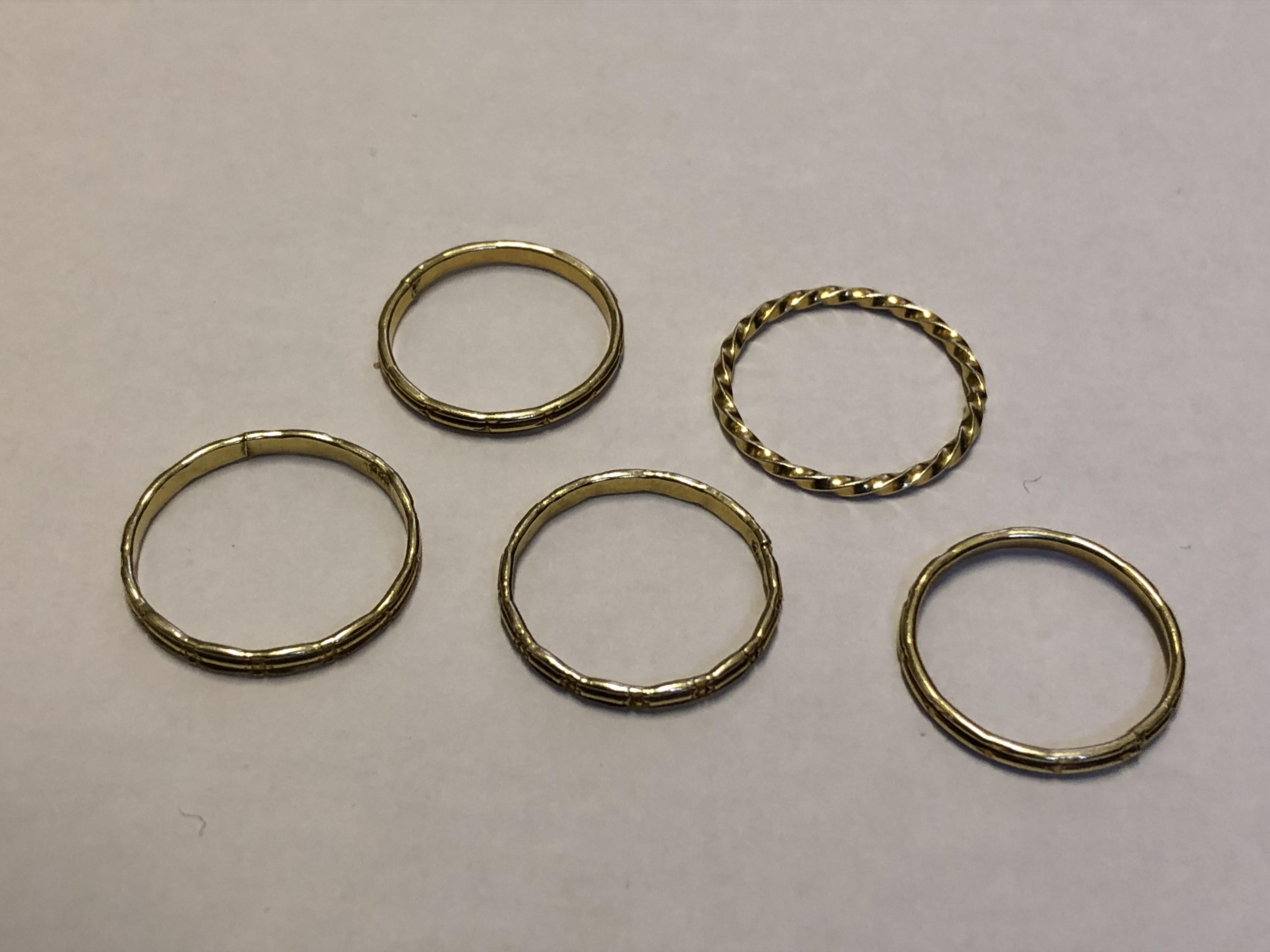 FIVE 925 STAMPED GOLD PLATED BANDS VARIOUS SIZES 4.