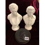 TWO CHALK BUSTS OF COMPOSERS - CHOPIN AND MOZART AND A BAS RELIEF PROFILE PLAQUE OF BEETHOVEN