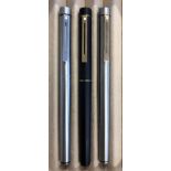 THREE SHEAFFER TARGA FOUNTAIN PENS - ONE WITH GOLD TRIM AND ONE WITH RHODIUM TRIM AND A BLACK TARGA