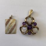 9CT GOLD AMETHYST AND OPAL TREFOIL PENDANT AND A 9CT TRI COLOUR GOLD OBLONG PENDANT ENGRAVED WITH G