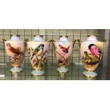 AYNSLEY FINE BONE CHINA OVOID AND GILDED VASES HAND PAINTED WITH BIRDS BY R.