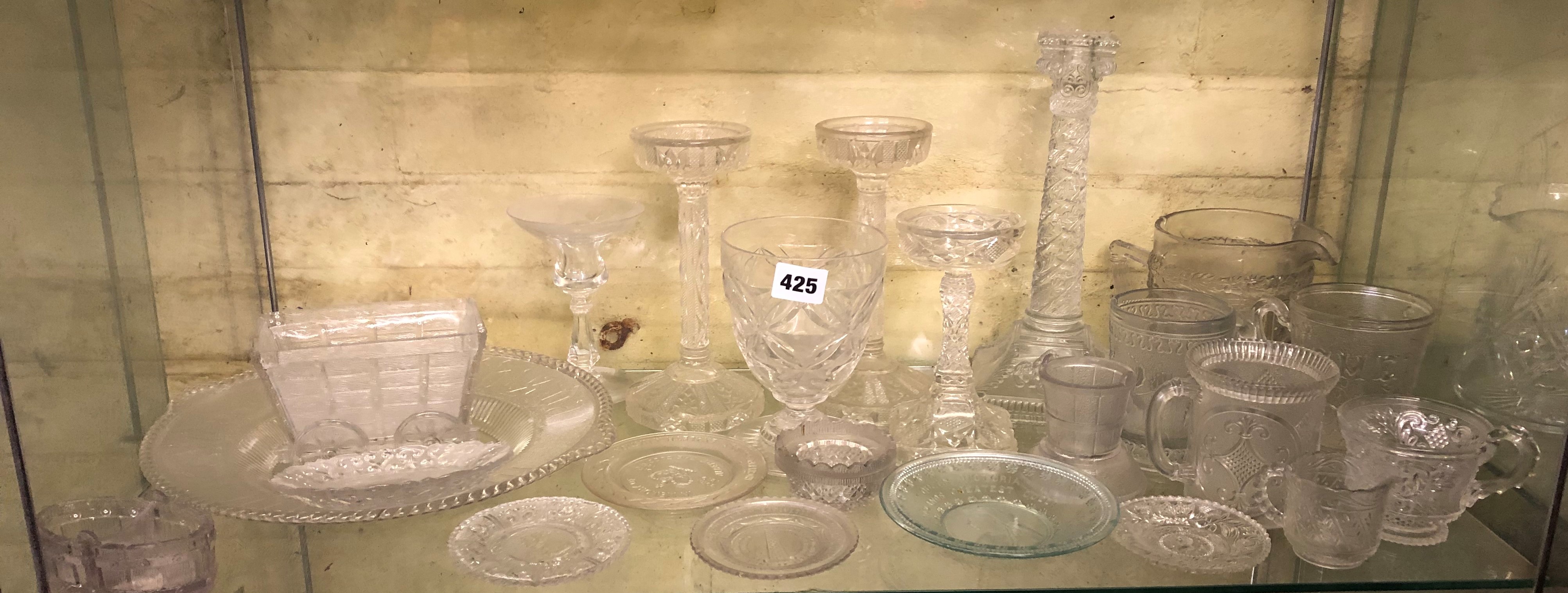 SELECTION OF MAINLY 19TH CENTURY PRESSED GLASSWARE BY SOWERBY, GREENER, SMALL COMMEMORATIVE DISHES,