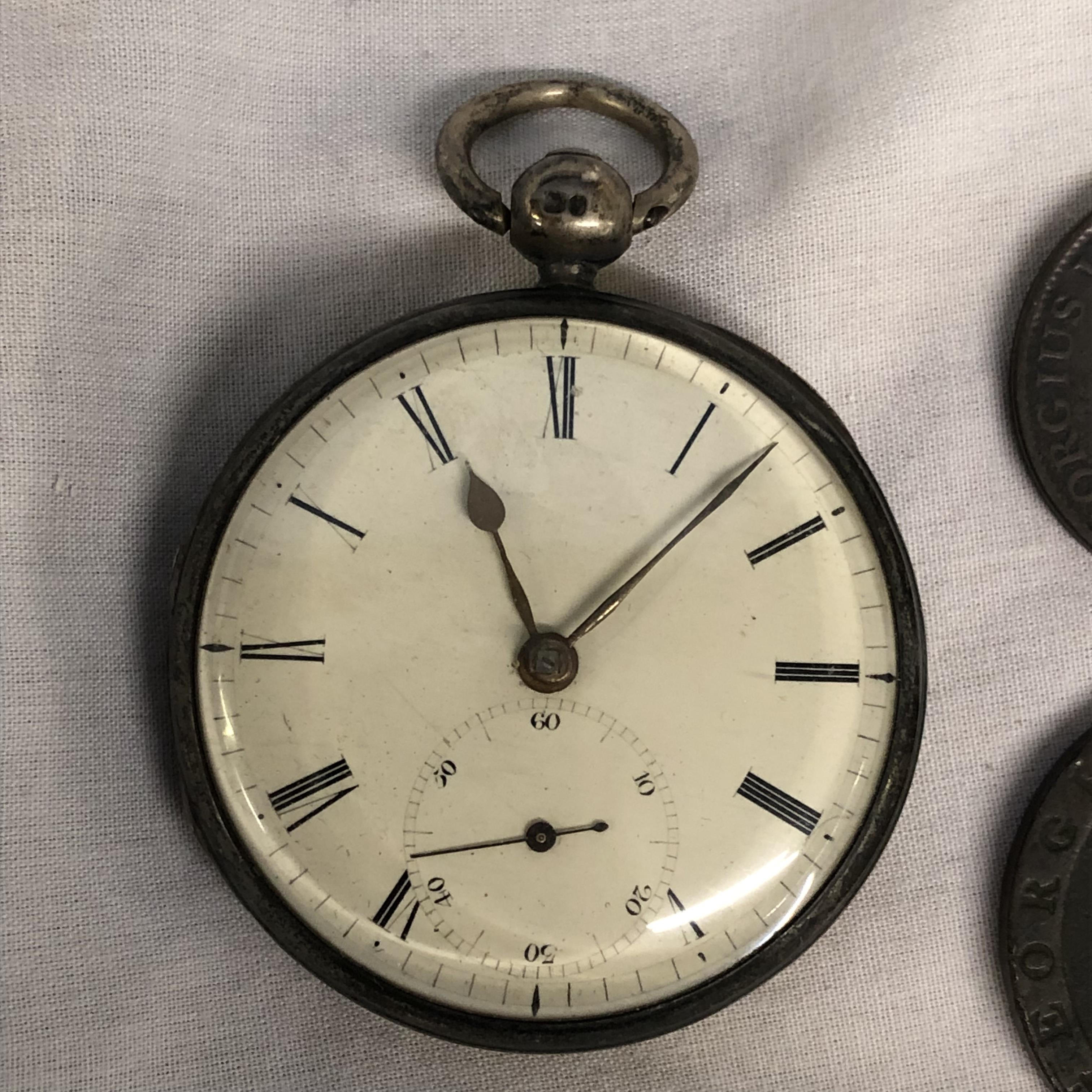 LONDON CASED POCKET WATCH AND TWO GEORGIAN COINS - Image 4 of 8