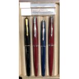 THREE PARKER 51 FOUNTAIN PENS - TWO BURGUNDY AND ONE BLUE AND A PARKER 17 FOUNTAIN PEN - BLACK