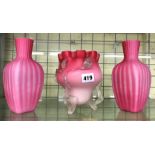 BURMESE GLASSWARE CRIMPED ORNAMENTAL VASE AND A PAIR OF CANDY STRIPED SQUARE SECTION TAPERED VASES