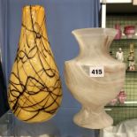 ALABASTER GLASS VASE AND A 20TH CENTURY MUSTARD AND BROWN OVERLAID FREE FORM VASE 30CM H