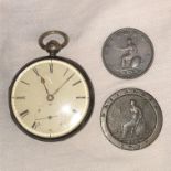 LONDON CASED POCKET WATCH AND TWO GEORGIAN COINS