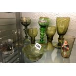 SELECTION OF PREDOMINANTLY GERMAN AND MIDDLE EUROPEAN GREEN TINGED ROEMERS AND ENAMELLED BEAKERS