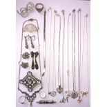 EIGHT SILVER CHAINS WITH SILVER PENDANTS, SILVER BRACELET,