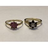 UNMARKED YELLOW METAL SAPPHIRE AND CZ CLUSTER DRESS RING SIZE-O AND A 9CT GOLD RUBY CLUSTER RING