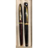 SHEAFFER MARBLED BROWN FOUNTAIN PEN WITH GOLD TRIM AND A WATERMAN REDDISH BROWN FOUNTAIN PEN WITH