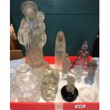 TRAY OF SWEDISH REIJMYRE GLASS - VIRGIN MARY ALONG WITH OTHER PRESSED AND MOULDED GLASS FIGURES,