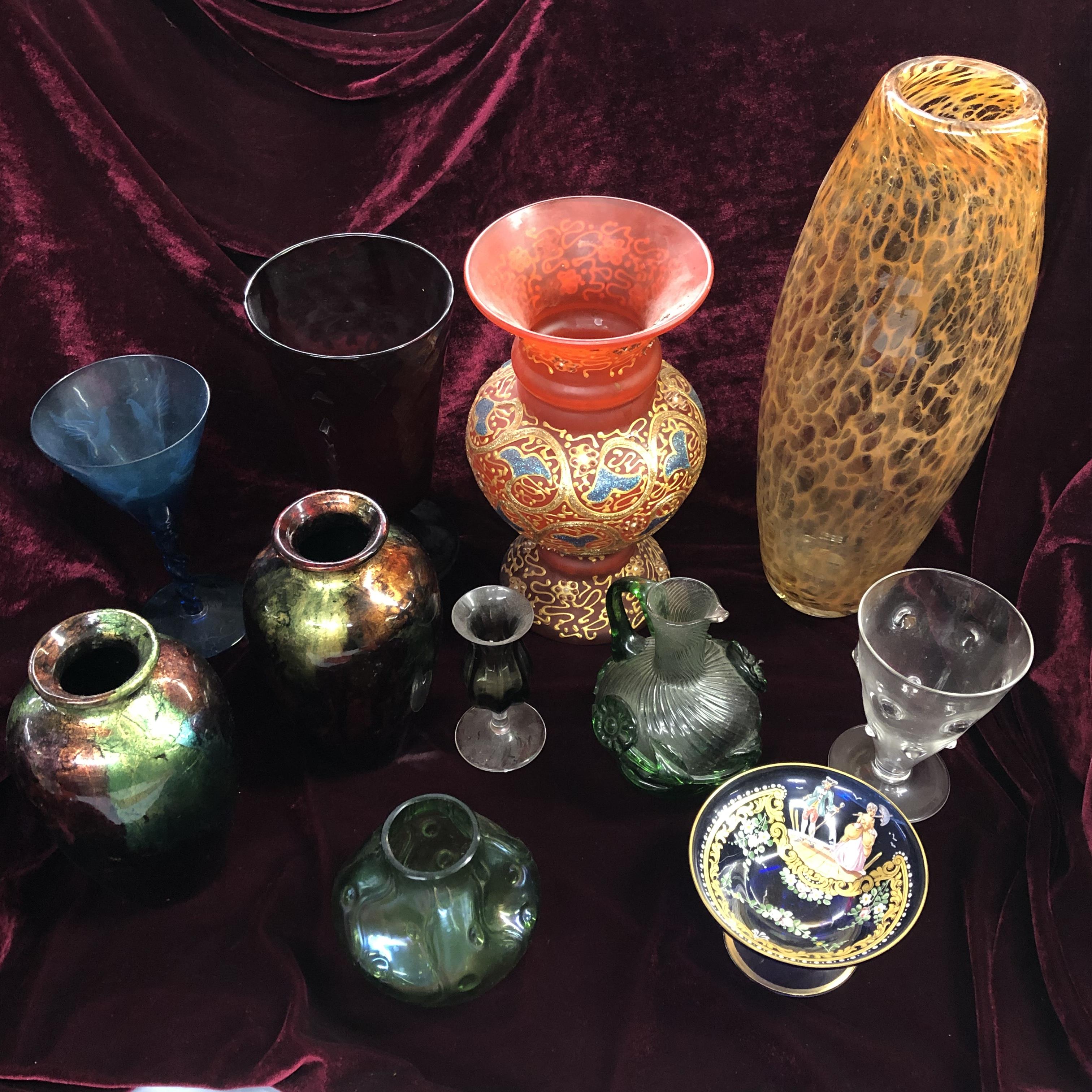 TRAY OF COLOURED GLASSWARES INCLUDING RUBY TAPERED VASE, BLUE ETCHED TWIST STEM GOBLET,