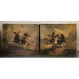 19TH CENTURY CONTINENTAL SCHOOL OILS ON CANVAS OF FIGHTING CAVALRYMEN UNFRAMED 25 X 22CM,