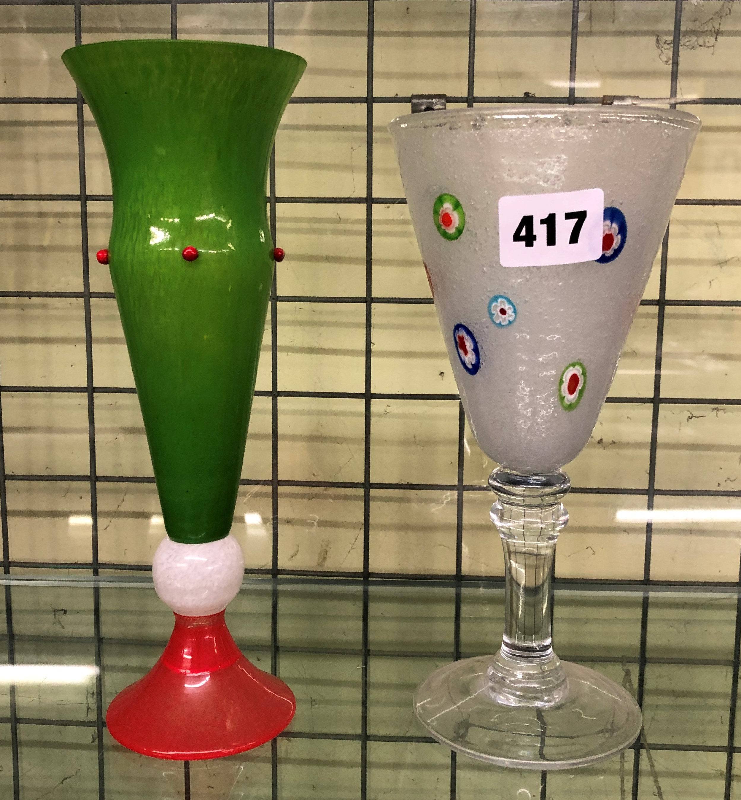 MURANO GLASS GOBLET 21CM H AND A GREEN TAPERED VASE