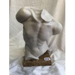 RECONSTITUTED MARBLE STUDY AFTER THE ANTIQUE OF A MALE TORSO ON SQUARE BASE 30CM H