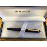 BOXED PLATINUM 3776 CENTURY CHARTRES BLUE FOUNTAIN PEN WITH GOLD TRIM